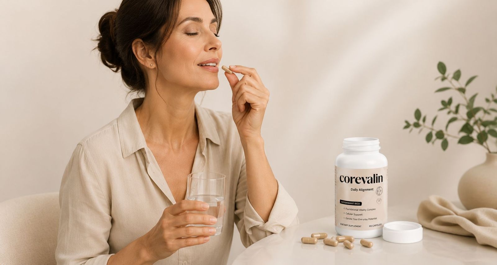 Woman taking a Corevalin capsule with a glass of water, the bottle resting on the table